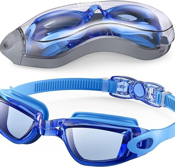 نظارة سباحة من ايجيند، مقاومة للتسرب ومضادة للتضبب، مع حماية من الاشعة فوق البنفسجية، مناسبة لسباقات الترياتلون مع حافظة حماية مجانية، للبالغين من الجنسين، الشباب، الاطفال والاولاد، لون ازرق واسود